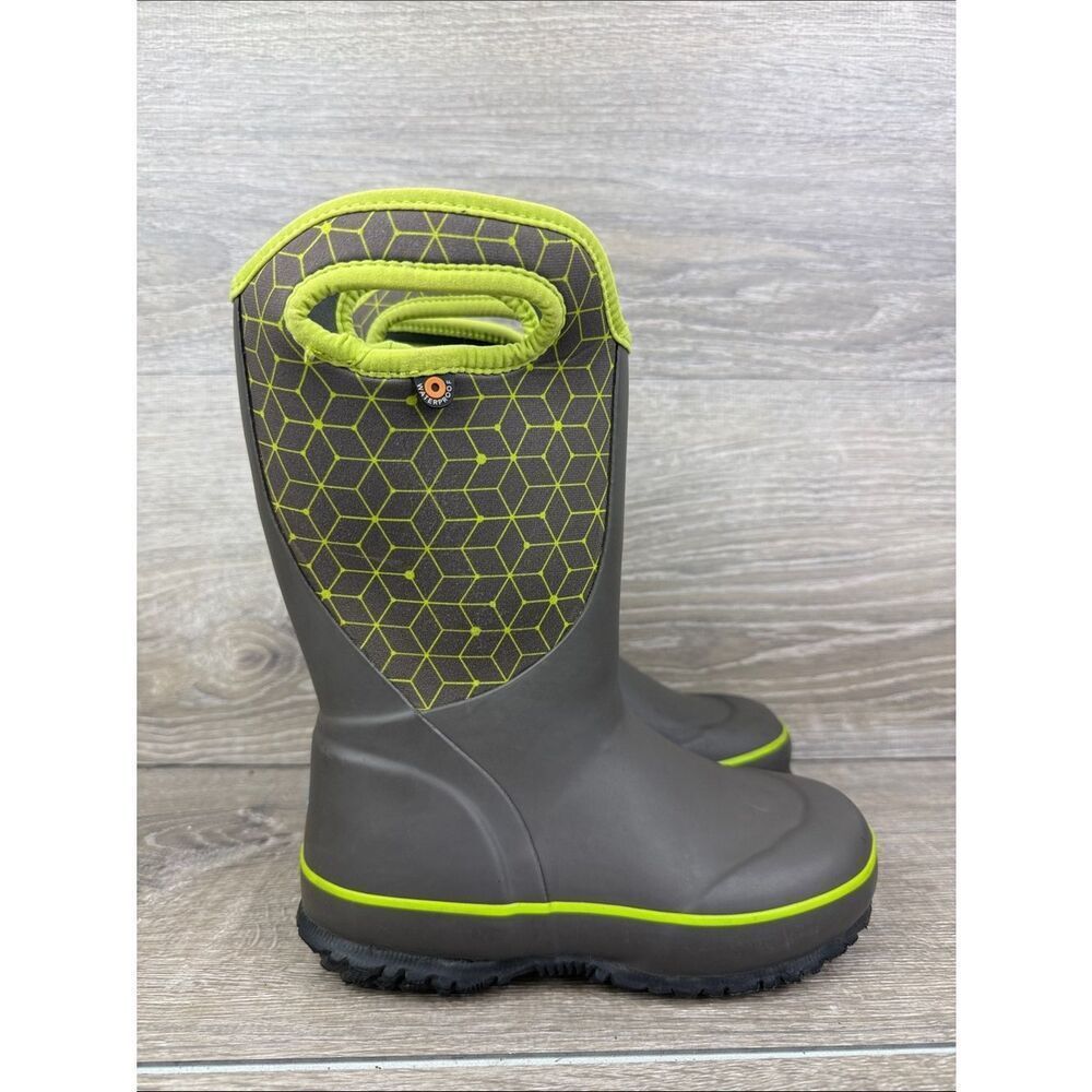 Bogs Waterproof-4f Slushie Web Geometric  Little Boy Sz 13 Gray Green Rain Boots